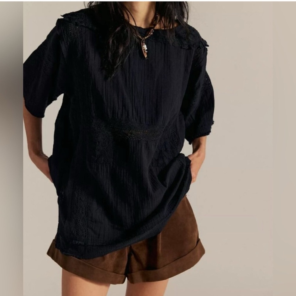 #760 NWT Free People We The Free Rustic Romance Top in Black Small